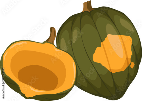 Ganze und halbierte Acorn Squash mit grün-orangefarbener Schale – nussig im Geschmack, ideal für den Ofen.