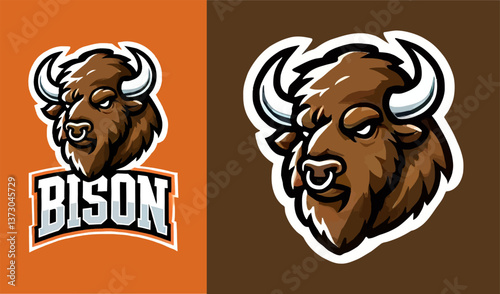 Emblema de bisonte en estilo mascota, realizado en formato vectorial EPS10, perfecto para marcas que buscan transmitir fuerza, poder y el espíritu de la naturaleza salvaje 