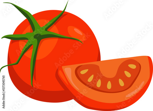 Saftige Tomate mit grünem Strunk und Schnittstück – klassisches Fruchtgemüse für vielfältige Gerichte.