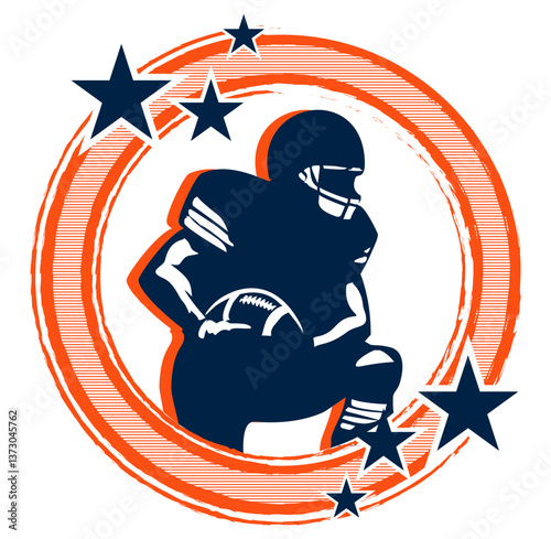 Orange and navy blue round frame with stars and football player, sport vector graphics, retro style - art illustration - multicolor