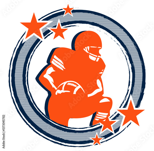 Orange and navy blue round frame with stars and football player, sport vector graphics, retro style - art illustration - multicolor