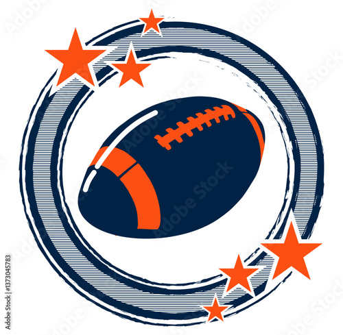 Orange and navy blue round frame with stars and football ball, sport vector graphics, retro style - art illustration - multicolor