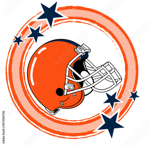 Orange and navy blue round frame with stars and football helmet, sport vector graphics, retro style - art illustration - multicolor