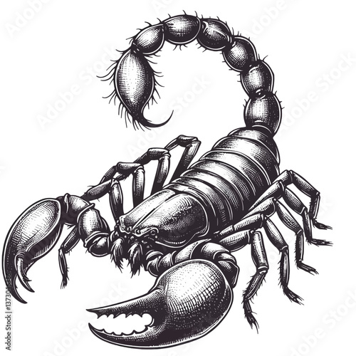 Ilustración de un escorpión dibujado a mano en gráficos vectoriales formato EPS10 sobre fondo blanco, perfecto para logotipos, tatuajes o diseños que resaltan la fuerza, el peligro y la mística de est