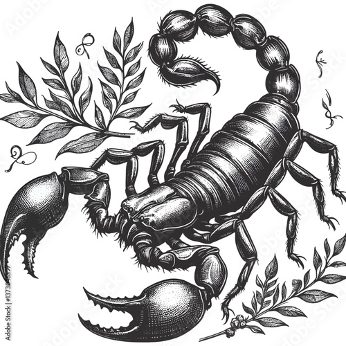 Ilustración de un escorpión dibujado a mano en gráficos vectoriales formato EPS10 sobre fondo blanco, perfecto para logotipos, tatuajes o diseños que resaltan la fuerza, el peligro y la mística de est