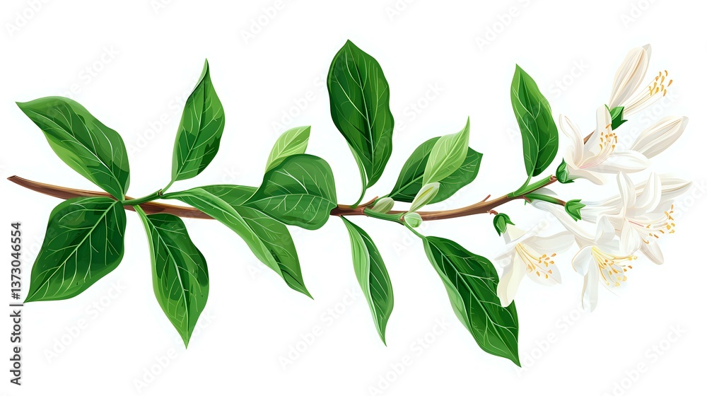 Fototapeta premium Botanical branch with white jasmine flowers and green leaves on isolated background, floral design element for natural cosmetics packaging and decor.