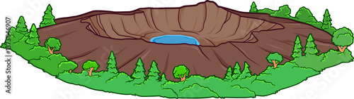 Bewaldeter Maar mit Wasserfüllung, flacher Vulkankrater eingebettet in grüne Landschaft.