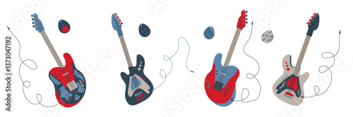 Vector set of electric guitars with picks, minimalistic and modern design, in flat style.
