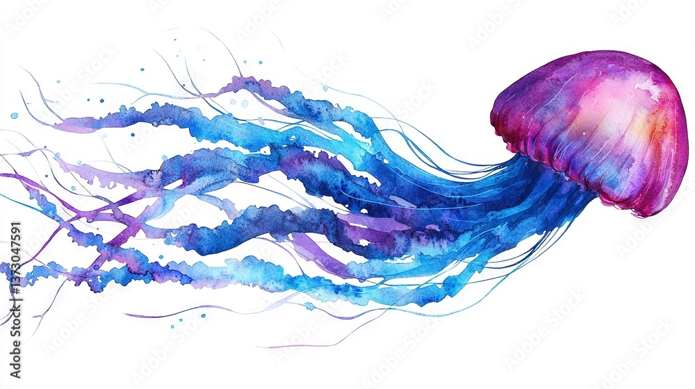 Fototapeta premium Watercolor illustration of a jellyfish featuring shades of blue and purple on its backside