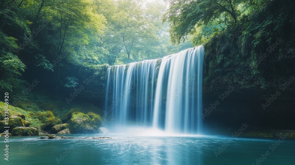 Waterfall cascading into a pool surrounded by lush green trees Waterfall cascading into a pool surrounded by lush green trees