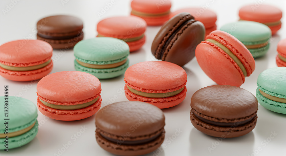 Obraz premium Delightful assortment of colorful macarons elegantly arranged on a clean white surface