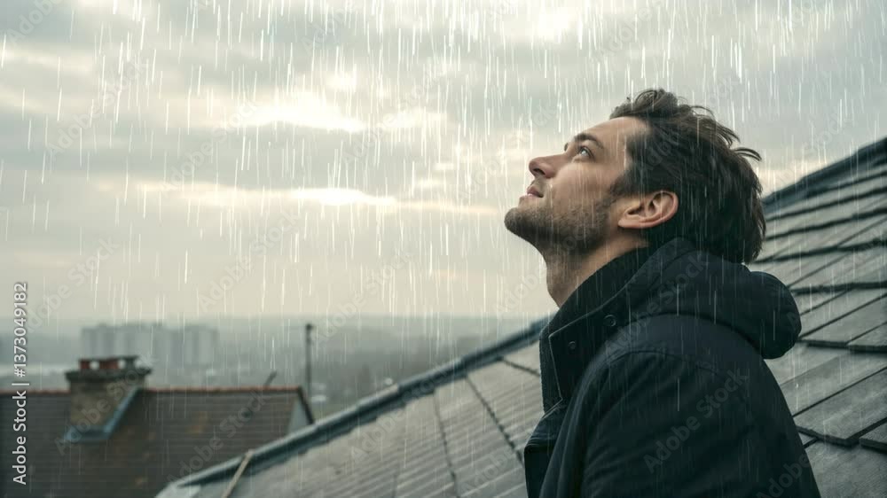 Man looking up on rooftop under overcast sky Man looking up on rooftop under overcast sky