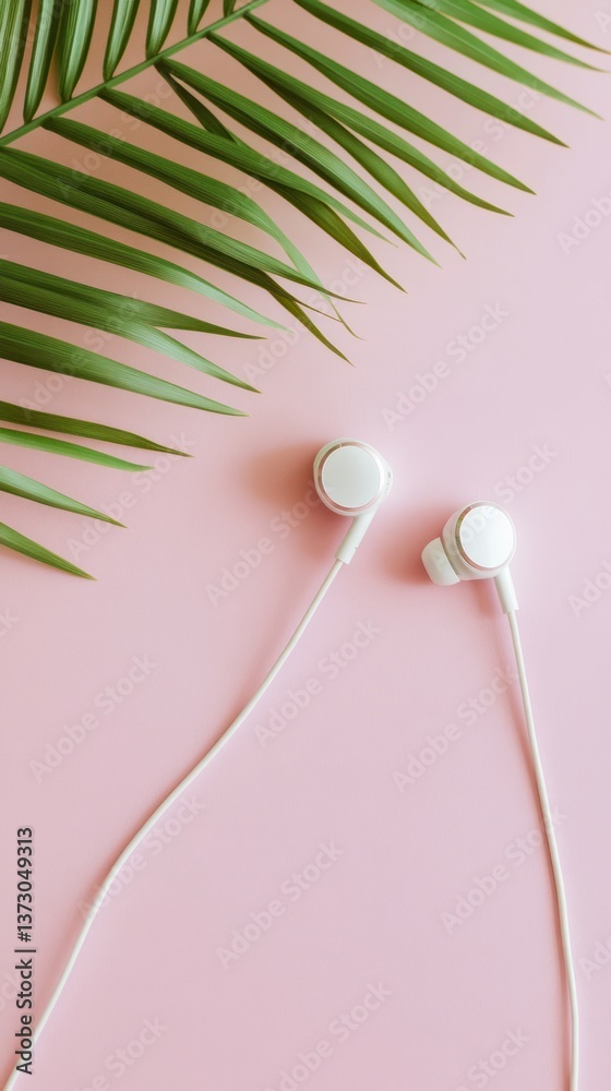 White Earbuds Placed On A Pink Surface With A Palm Frond White Earbuds Placed On A Pink Surface With A Palm Frond