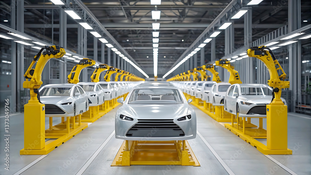 Fototapeta premium Car factory assembly line with robotic arms