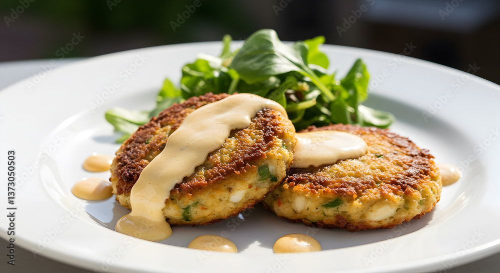 Delicious crab cakes adorned with remoulade sauce served with fresh greenery Delicious crab cakes adorned with remoulade sauce served with fresh greenery