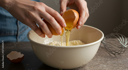 Cracking fresh eggs into a bowl, preparing ingredients for baking delicious desserts photo