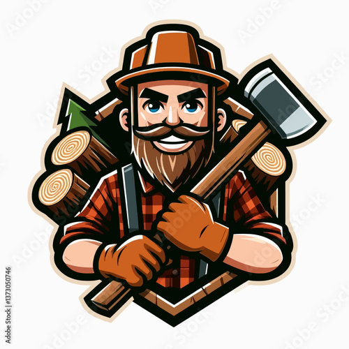 Woodcutter mascot illustration as an emblem or logo on a white background, crafted in mascot style in EPS10 vector format, perfect for posters and branding with a forest-inspired touch.