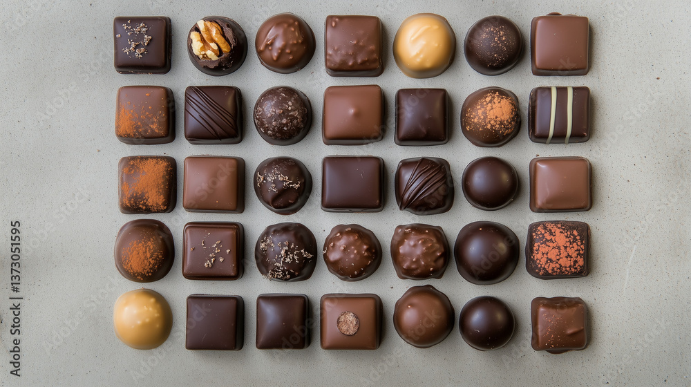 Assorted Artisan Chocolate Bonbons Arranged in Neat Rows on Neutral Gray Background