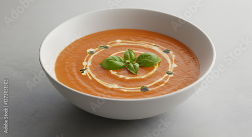 Elegant creamy tomato bisque garnished with fresh basil in a pristine white bowl