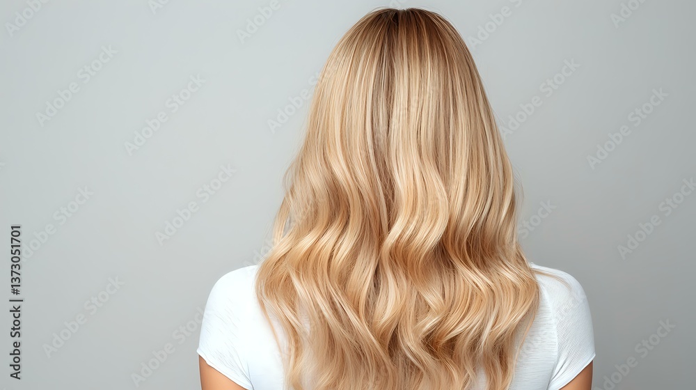 Naklejka premium Young woman with long wavy blonde hair styled in soft curls wearing white top against light gray background, back view. Professional hairstyle demonstrates healthy shiny hair.