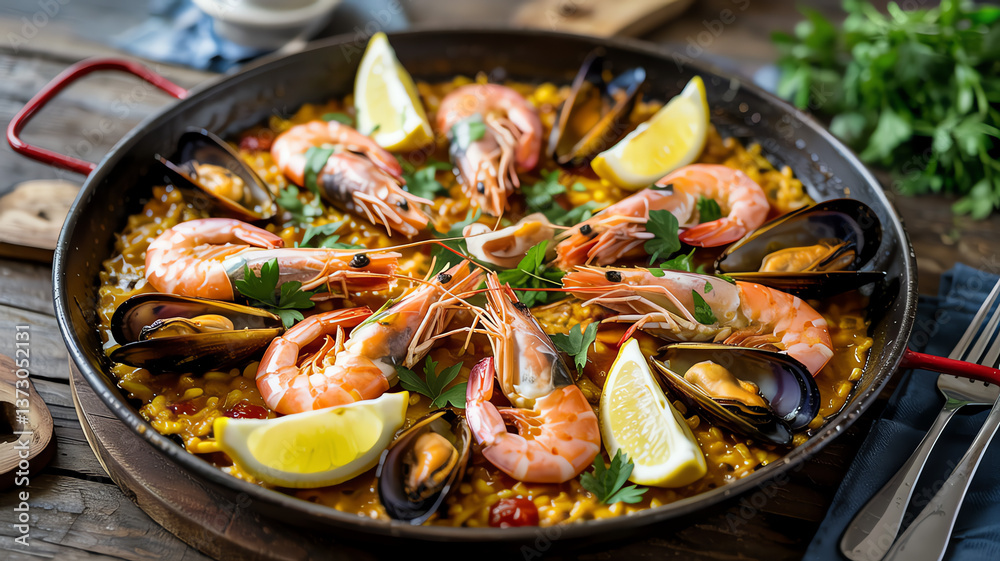 seafood paella in a pan seafood paella in a pan