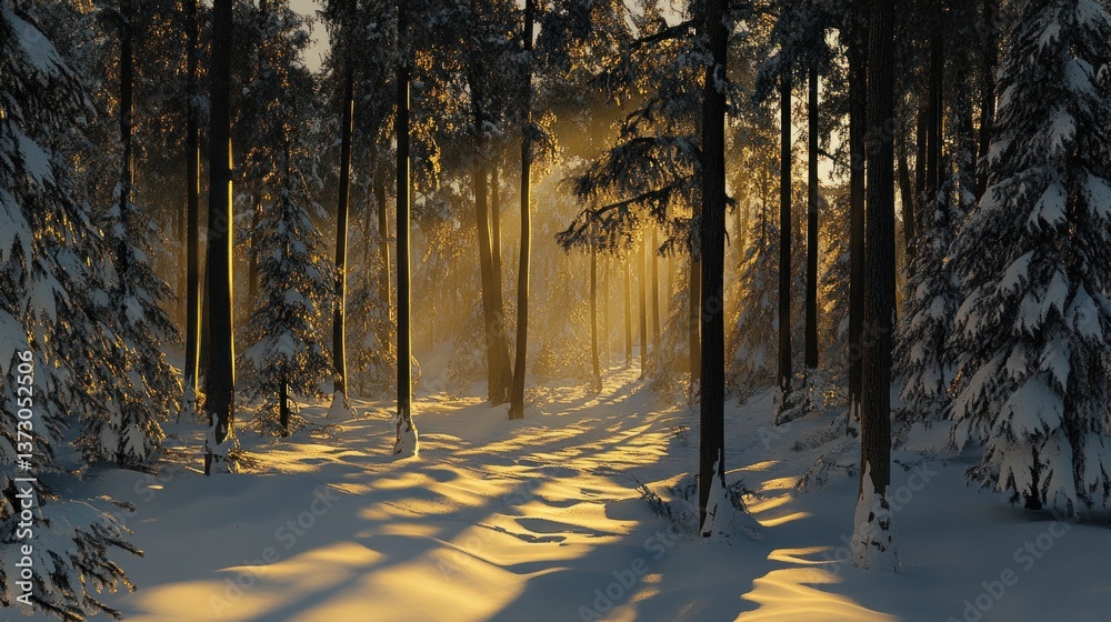 Golden Hour in a Snowy Forest: A Winter Wonderland