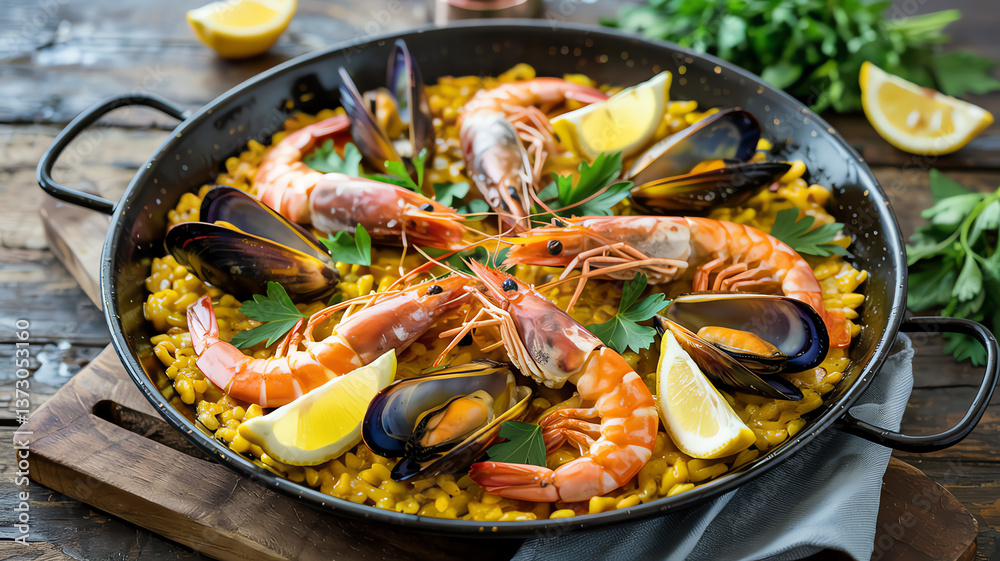 Seafood Paella in a Large Pan with Fresh Shrimp, Mussels, and Lemon Slices Seafood Paella in a Large Pan with Fresh Shrimp, Mussels, and Lemon Slices