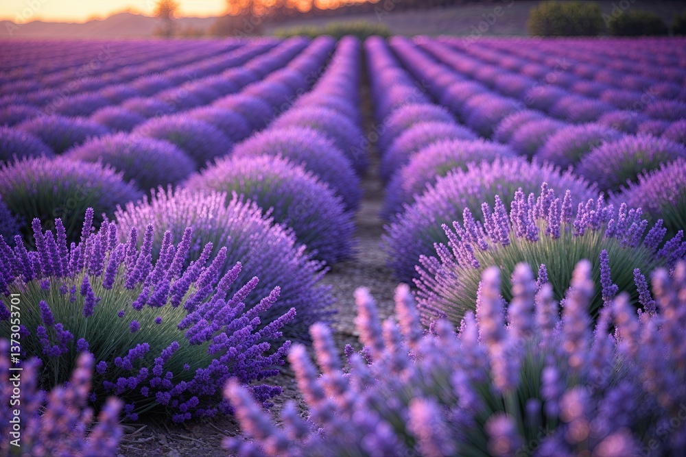 Naklejka premium Dreamy Purple Lavender Fields in a Calming Spring Evening Scene