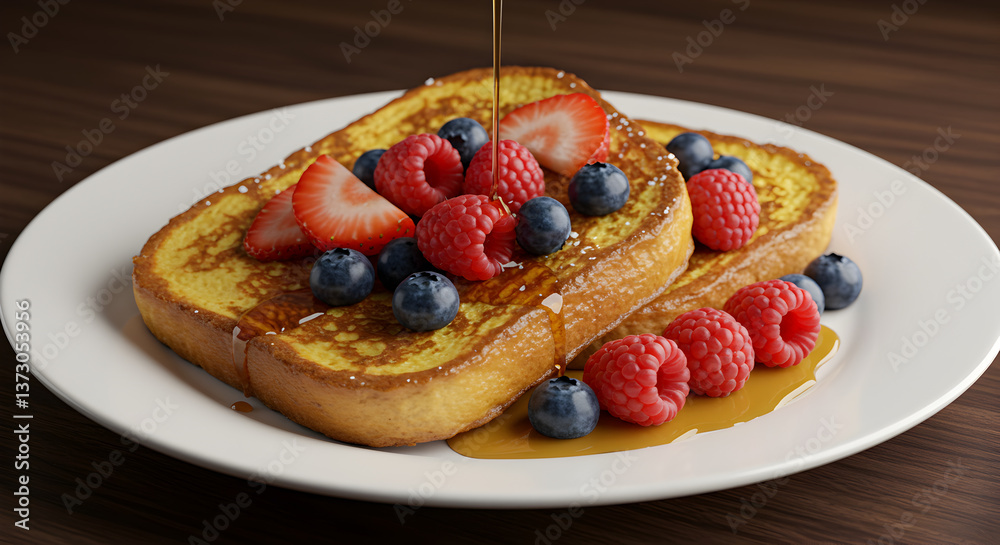 Exquisite french toast adorned with fresh berries and drizzled with maple syrup Exquisite french toast adorned with fresh berries and drizzled with maple syrup