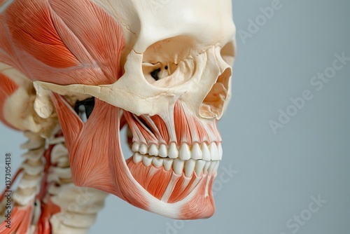 Human skull showing masseter muscle and teeth