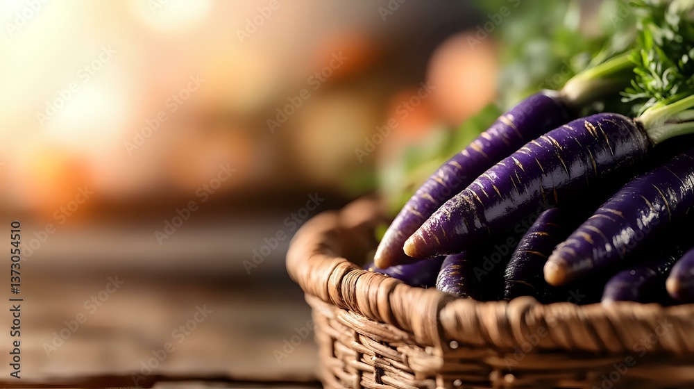 Obraz premium Fresh purple carrots in woven basket against blurred rustic background. Organic farm vegetables with green tops showcase unique variety and natural produce.