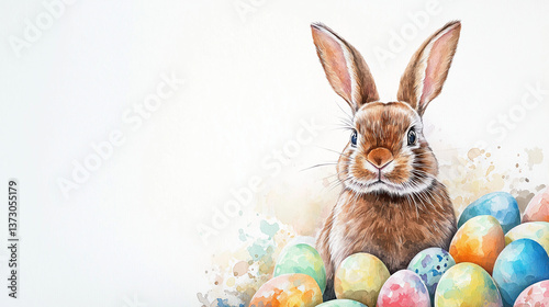 easter bunny with easter eggs on white background, copy space for text