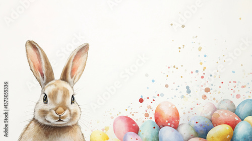 easter bunny with easter eggs on white background, copy space for text