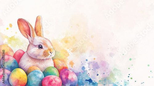 easter bunny with easter eggs on white background, copy space for text
