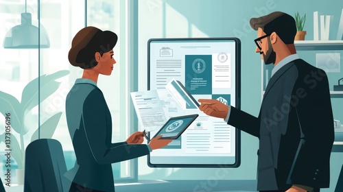 A legal advisor explaining intellectual property protections to a client, with patent applications, trademarks, and legal documents displayed on a touchscreen tablet in a private meeting room.