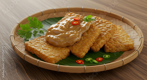 Crispy fried tempeh with savory peanut sauce on a woven bamboo plate