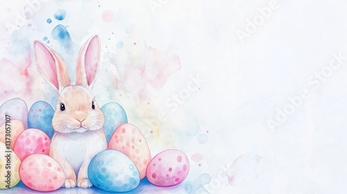 easter bunny with easter eggs on white background, copy space for text