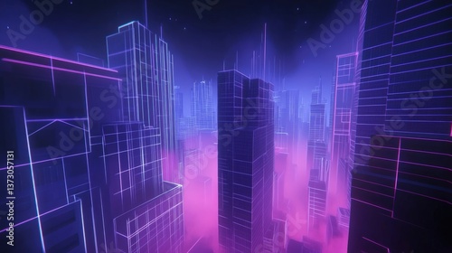 Futuristic Cityscape with Neon Lights and Fog, Featuring Abstract High-Rise Buildings in a Vibrant Purple and Blue Color Palette at Night