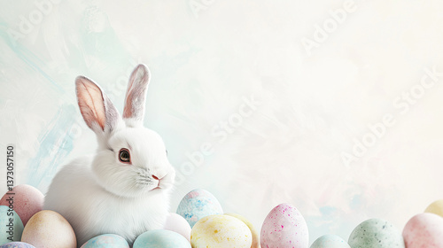 easter bunny with easter eggs on white background, copy space for text