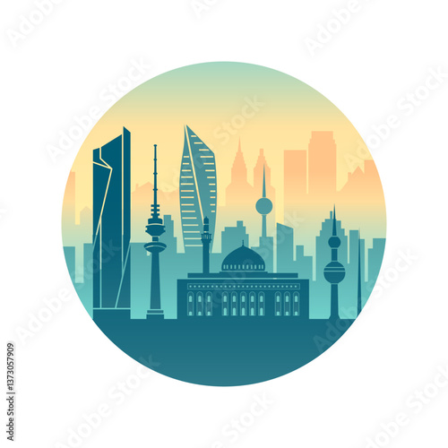 Cityscape Silhouette: A stylized illustration of a bustling cityscape, its sleek skyline and iconic landmarks captured in a monochromatic silhouette set against a gradient sky.