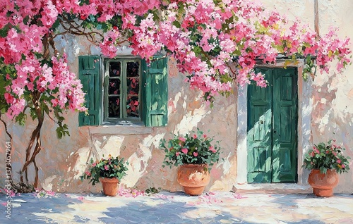   A house with green shutters and pink flowers, set against a green door and window with green shutters