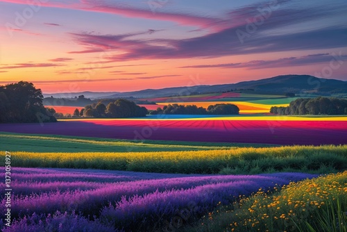 Vibrant Twilight Landscape with Expansive Colorful Fields and Gentle Glow
