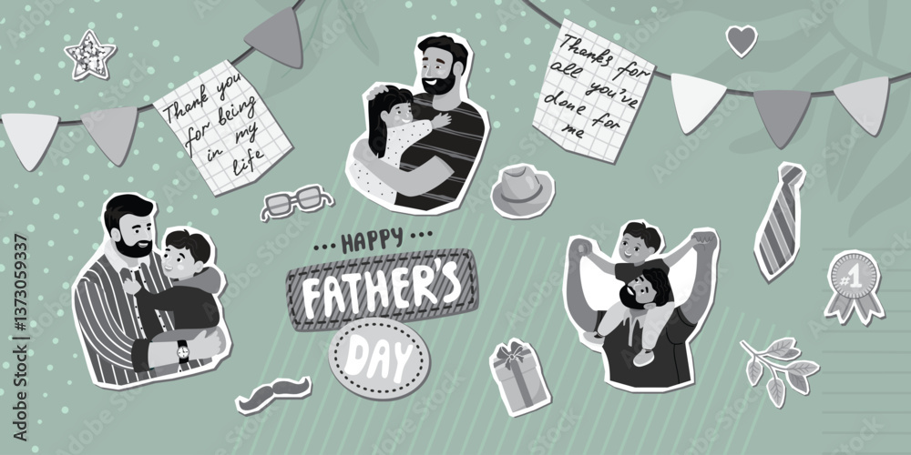 Father's Day horizontal banner with dad, child, garland with notes, hat, tie, glasses, medal number one, mustache, twig. Grey colors illustrations with papper cut shapes. Vector collage elements set.