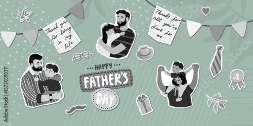 Father's Day horizontal banner with dad, child, garland with notes, hat, tie, glasses, medal number one, mustache, twig. Grey colors illustrations with papper cut shapes. Vector collage elements set.