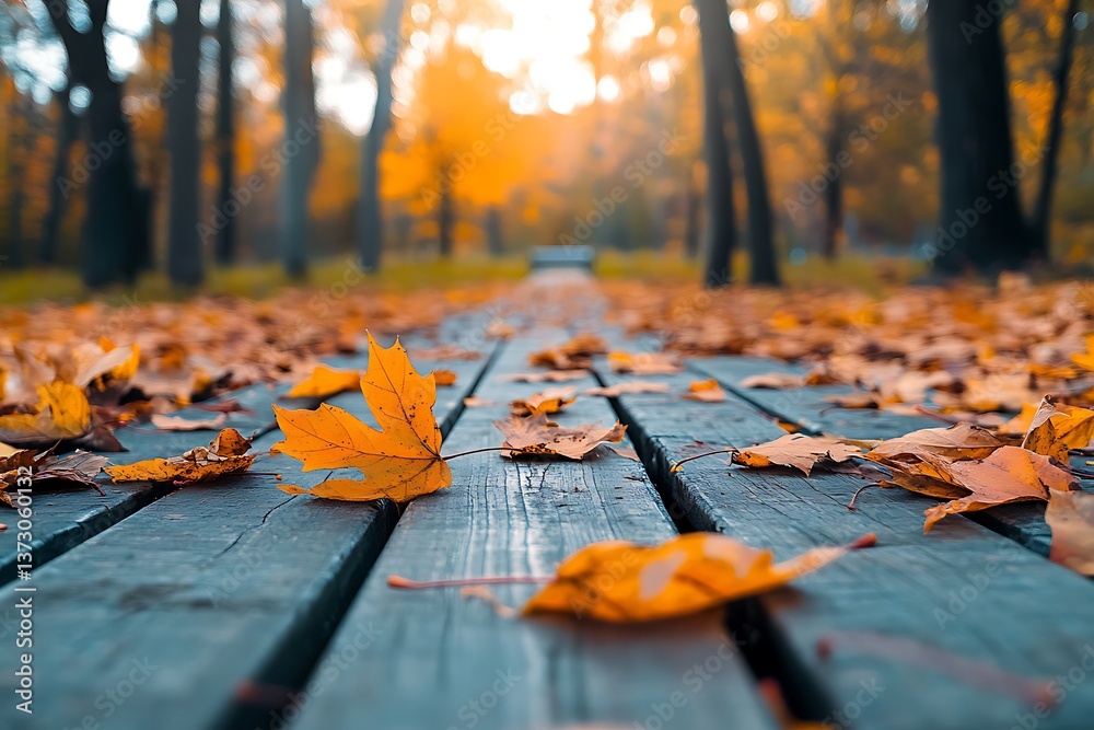 Fototapeta premium Fallen autumn leaves covering wooden pathway in park
