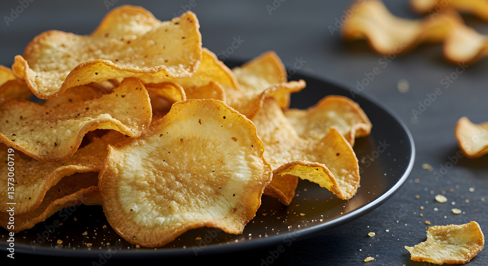 Elegant presentation of crispy salsify chips on a dark plate for food blogs Elegant presentation of crispy salsify chips on a dark plate for food blogs