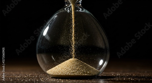 Hourglass with sand flowing. Concept time running out and urgency idea. Passing precious moments. Reminder death, finite resource use for business and personal purposes