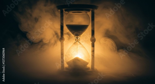 Hourglass surrounded by mystical smoke. Concept of passing time, fleeting life, inevitability. Reminder of mortality for interior, death commemoration