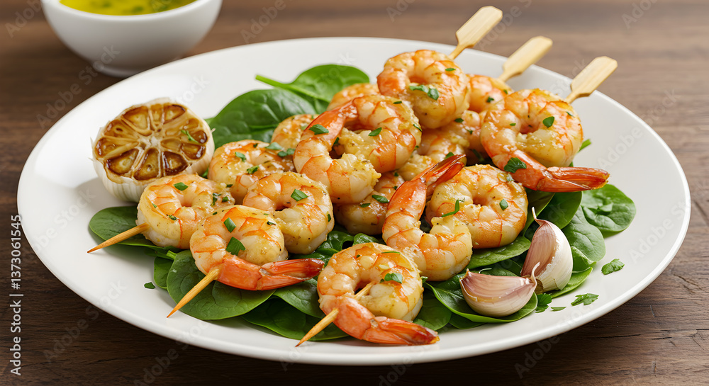 Appetizing garlic butter shrimp skewers on fresh spinach with roasted garlic Appetizing garlic butter shrimp skewers on fresh spinach with roasted garlic
