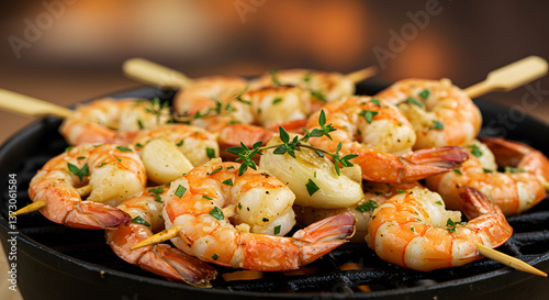 Grilled garlic butter shrimp skewers with fresh herbs on a rustic grill pan